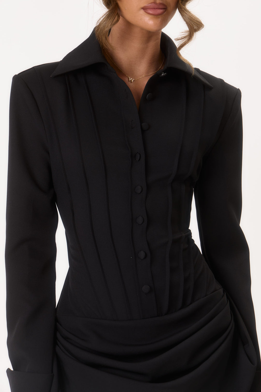 Vivien Damen tailliertes Mini-Hemdblusenkleid mit Schulterpolstern und Raffung
