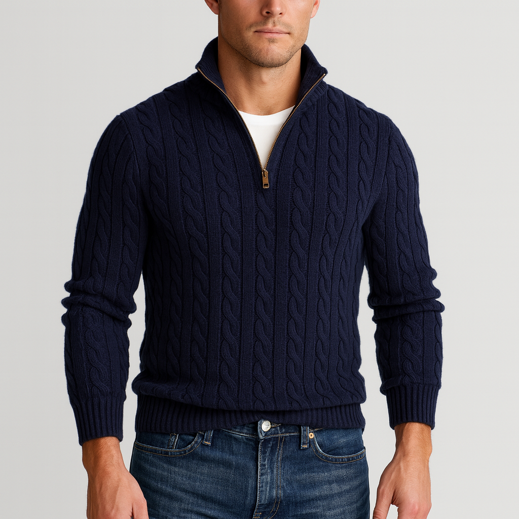 Herren Zopfstrick-Troyer mit hohem Stehkragen – Marineblau