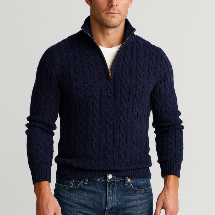 Herren Zopfstrick-Troyer mit hohem Stehkragen – Marineblau
