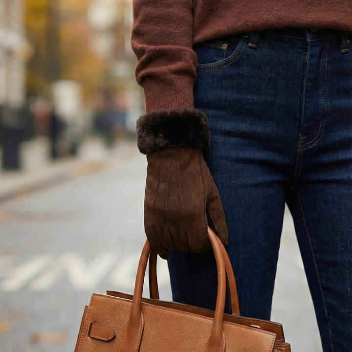 Damen Handschuhe mit Ziernähten und flauschigem Bündchen – Dunkelbraun