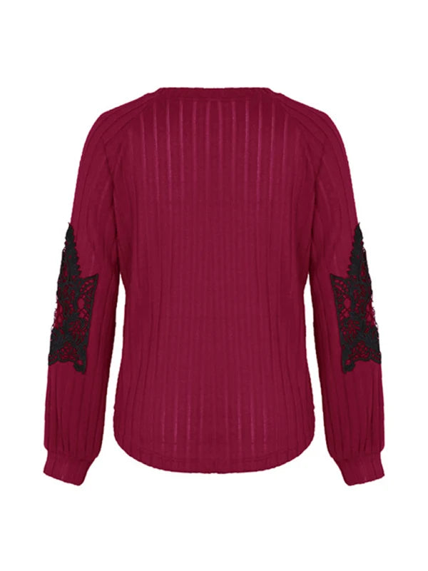 Wanda Damen Strickjumper mit V-Ausschnitt, Raglanärmeln und Spitzendetails