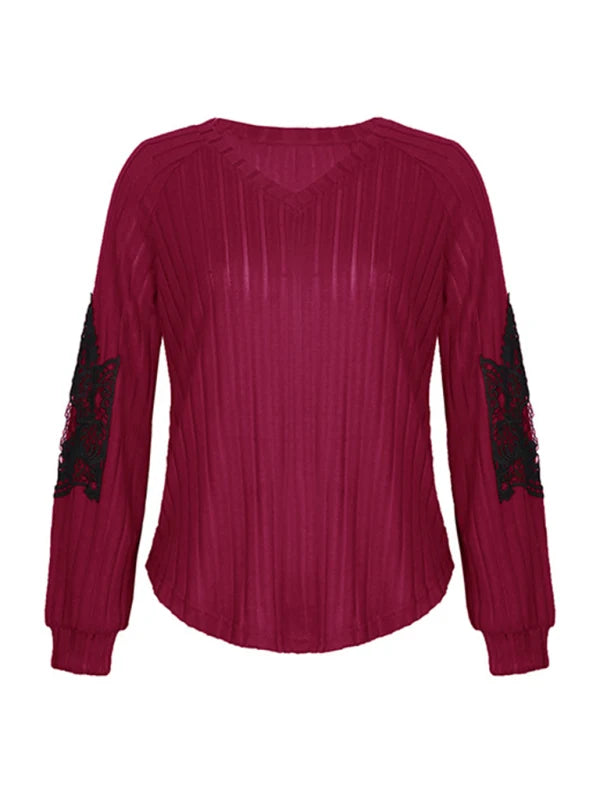 Wanda Damen Strickjumper mit V-Ausschnitt, Raglanärmeln und Spitzendetails