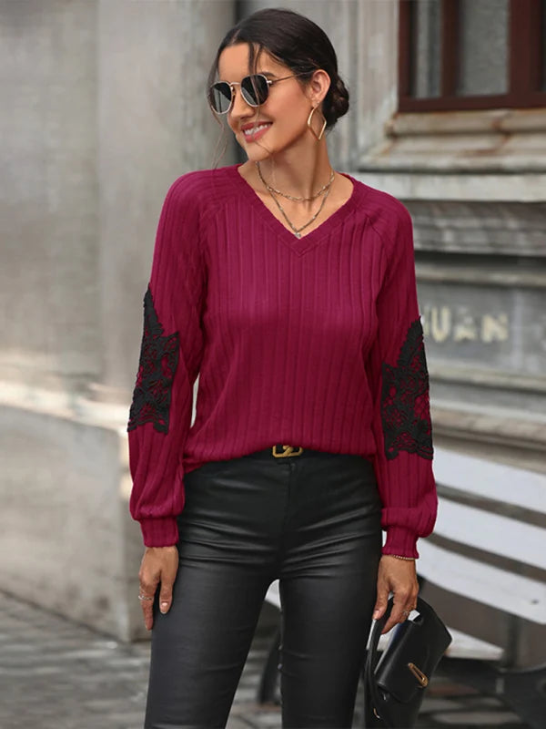 Wanda Damen Strickjumper mit V-Ausschnitt, Raglanärmeln und Spitzendetails