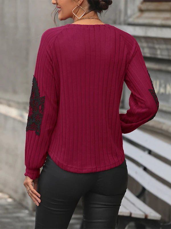 Wanda Damen Strickjumper mit V-Ausschnitt, Raglanärmeln und Spitzendetails