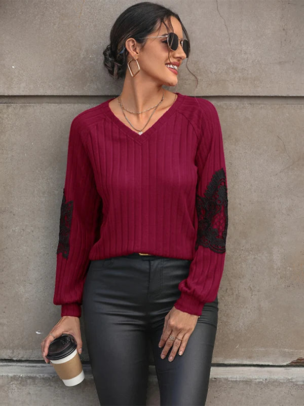 Wanda Damen Strickjumper mit V-Ausschnitt, Raglanärmeln und Spitzendetails