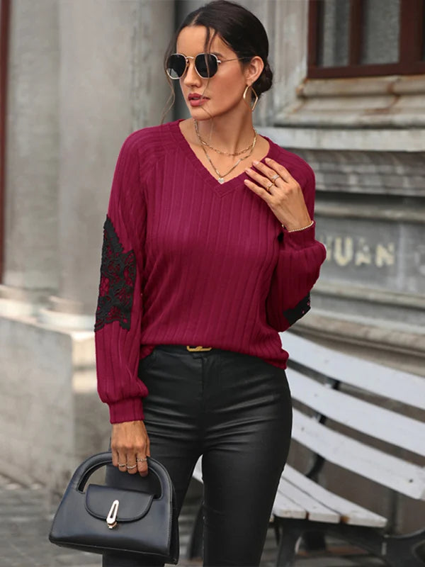 Wanda Damen Strickjumper mit V-Ausschnitt, Raglanärmeln und Spitzendetails