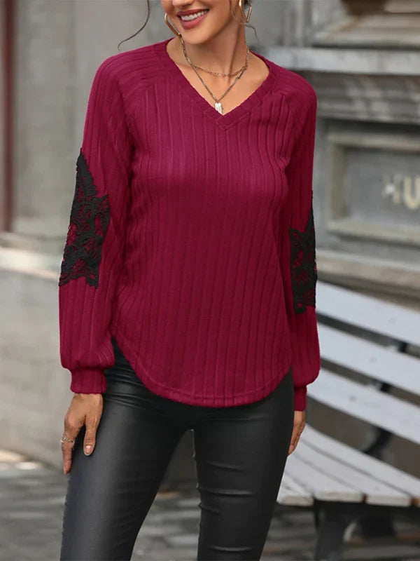 Wanda Damen Strickjumper mit V-Ausschnitt, Raglanärmeln und Spitzendetails