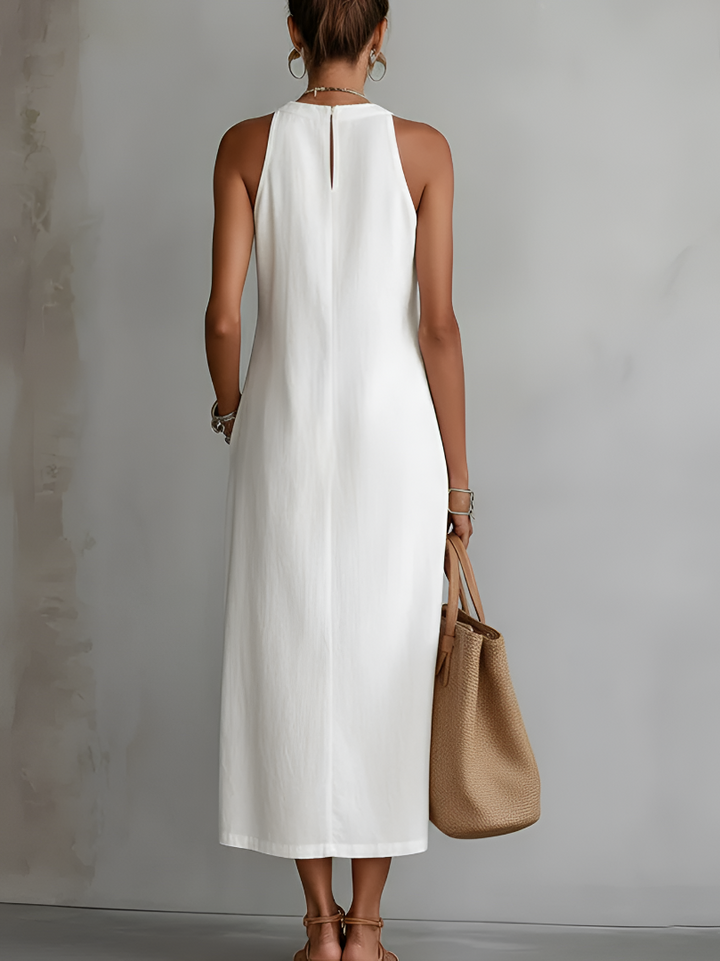 Weißes Kleid Damen mit Stehkragen und Midi-Länge