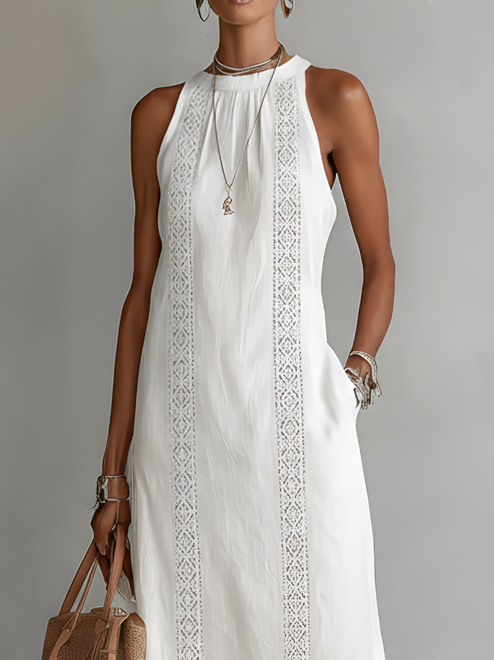 Weißes Kleid Damen mit Stehkragen und Midi-Länge
