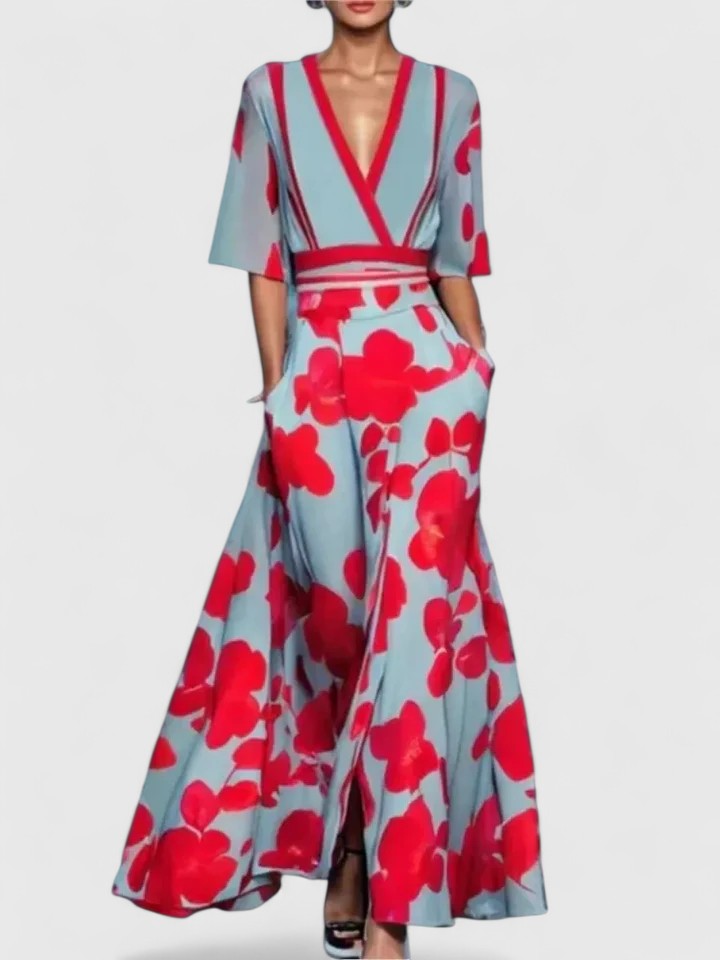 Wendela Damen Maxikleid mit V-Ausschnitt, Kontrastblende und Taschen – Rot