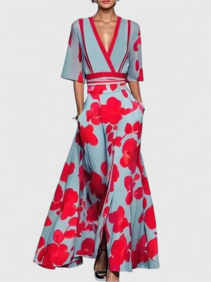 Wendela Damen Maxikleid mit V-Ausschnitt, Kontrastblende und Taschen