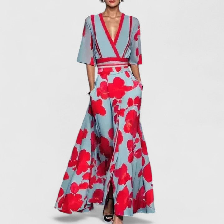 Wendela Damen Maxikleid mit V-Ausschnitt, Kontrastblende und Taschen – Rot