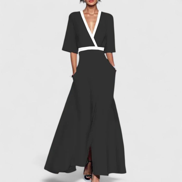 Wendela Damen Maxikleid mit V-Ausschnitt, Kontrastblende und Taschen – Schwarz