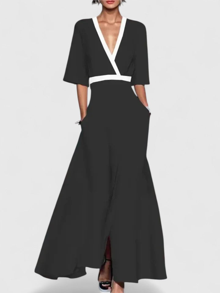 Wendela Damen Maxikleid mit V-Ausschnitt, Kontrastblende und Taschen – Schwarz