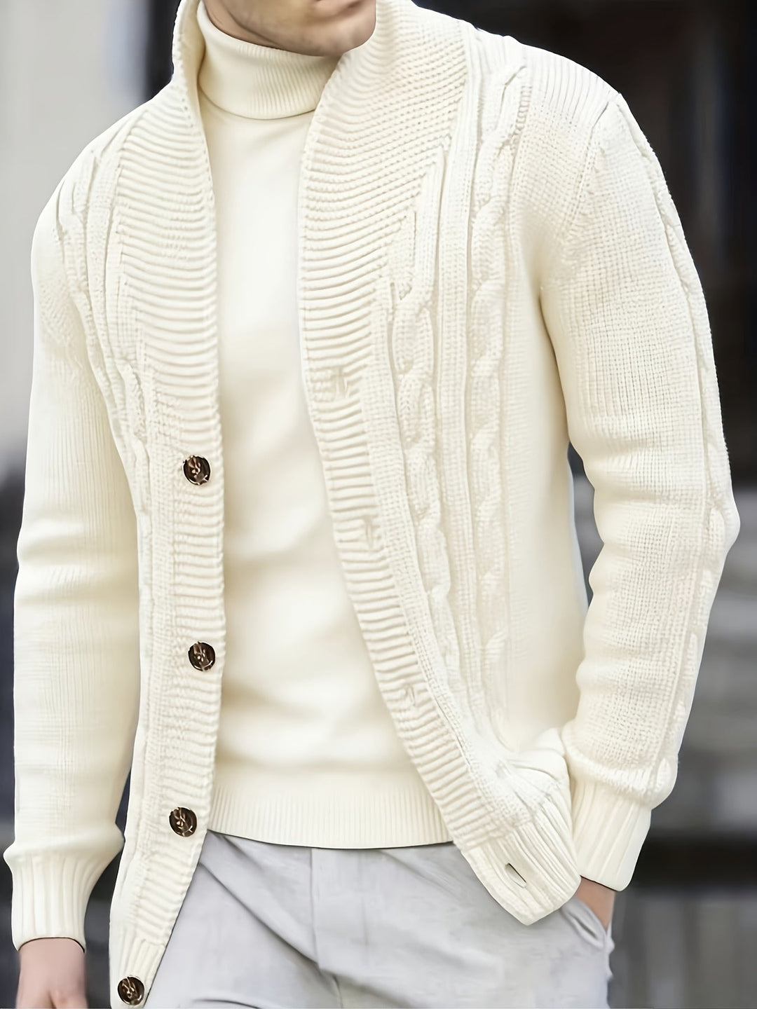 Wendelin Herren Zopfstrickjacke mit Knopfleiste Elfenbein