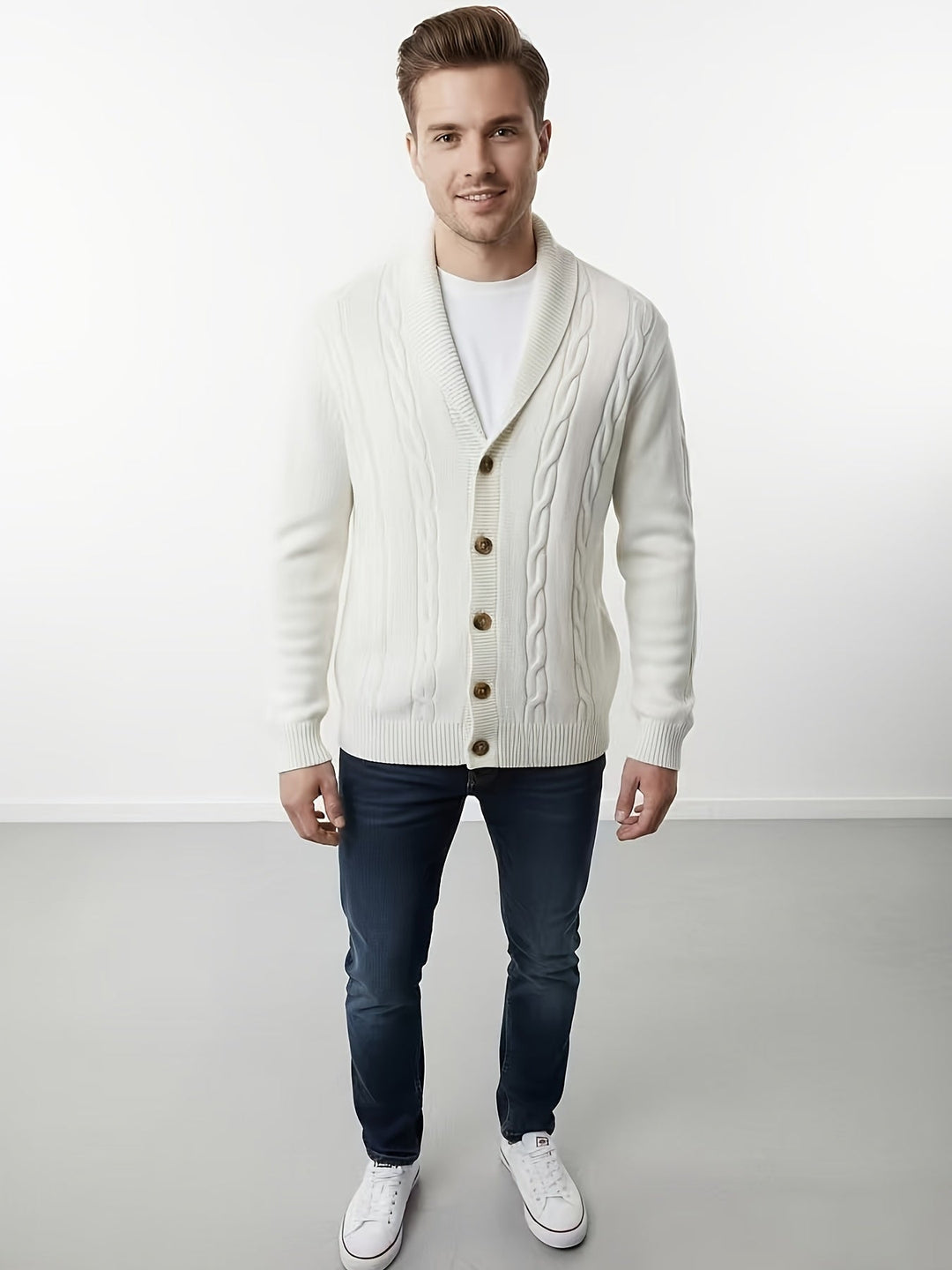 Wendelin Herren Zopfstrickjacke mit Knopfleiste Elfenbein