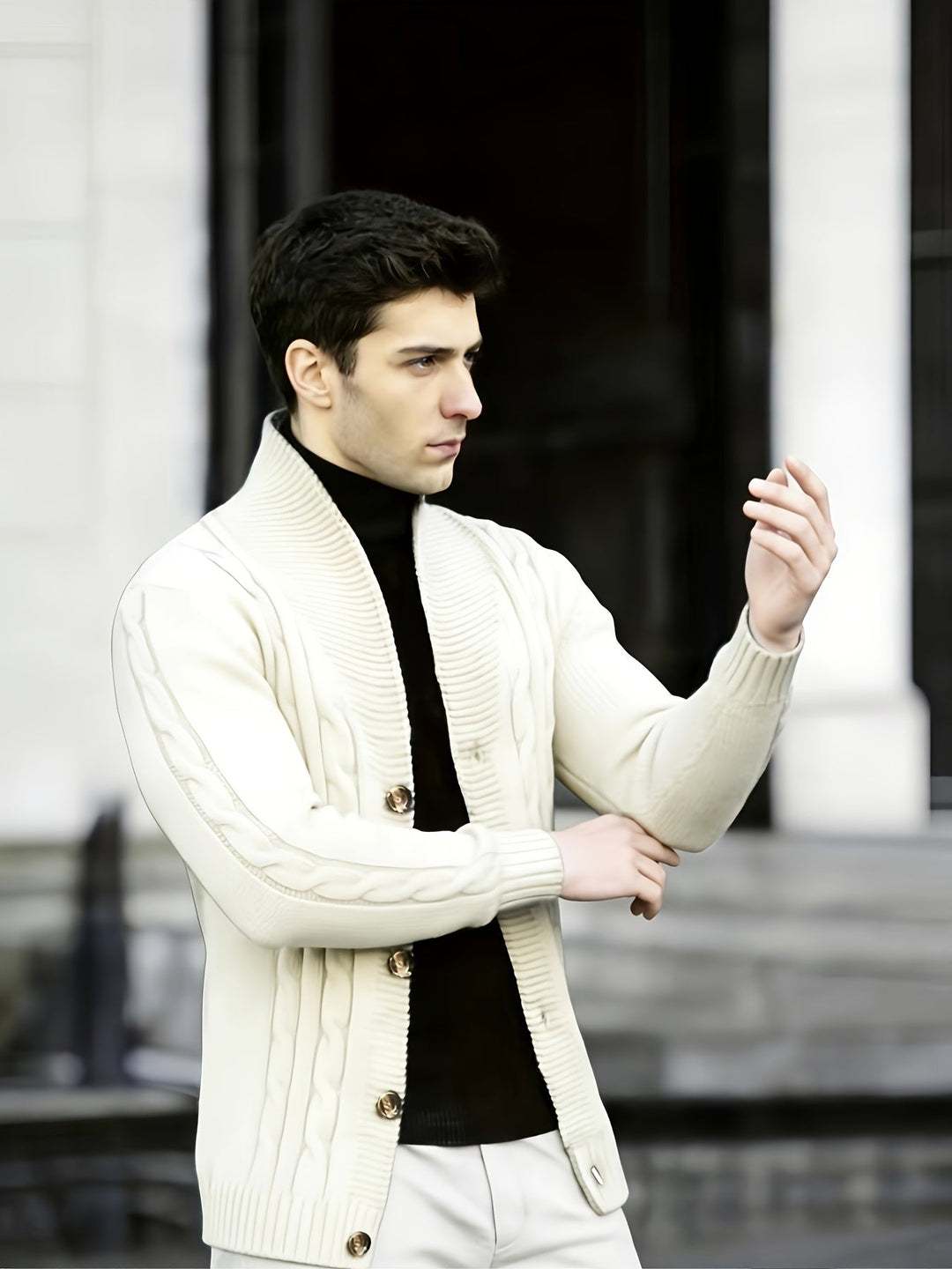 Wendelin Herren Zopfstrickjacke mit Knopfleiste Elfenbein