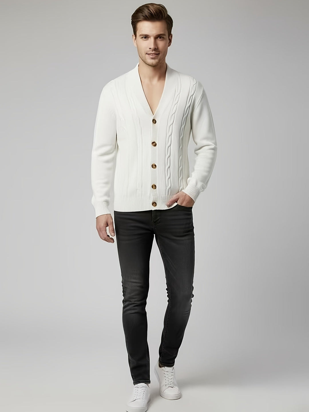 Wendelin Herren Zopfstrickjacke mit Knopfleiste Elfenbein