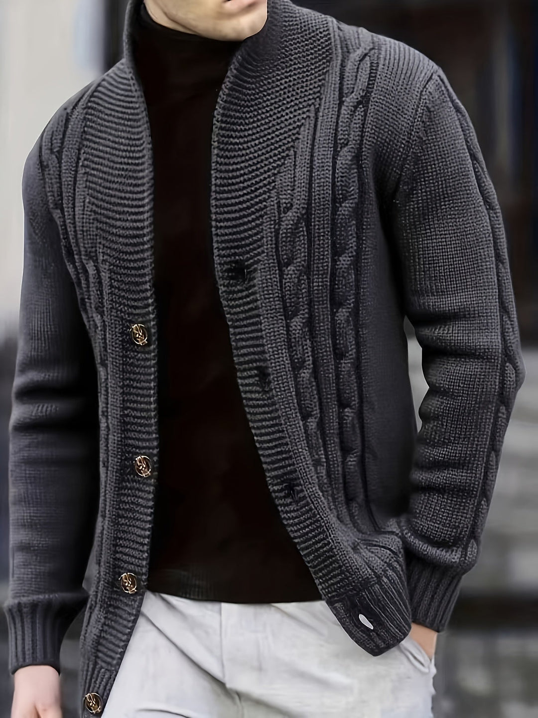 Wendelin Herren Zopfstrickjacke mit Knopfleiste Graphit