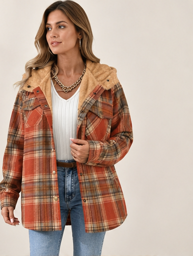 Wenke Damen Karierte Oversize-Jacke mit Kapuze und Knopfleiste