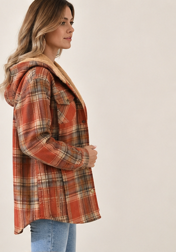 Wenke Damen Karierte Oversize-Jacke mit Kapuze und Knopfleiste