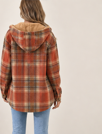 Wenke Damen Karierte Oversize-Jacke mit Kapuze und Knopfleiste