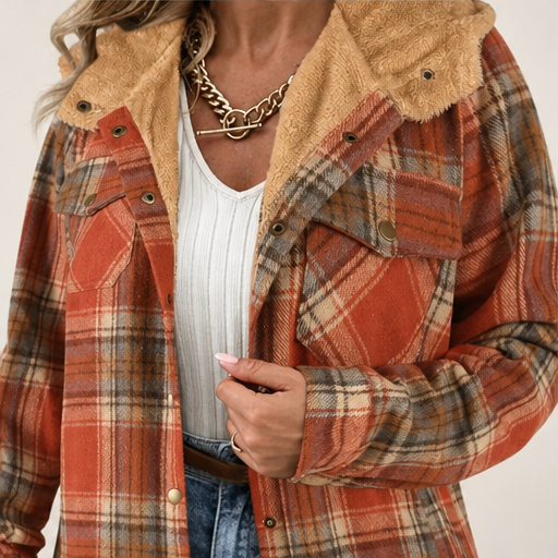 Wenke Damen Karierte Oversize-Jacke mit Kapuze und Knopfleiste