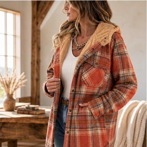 Wenke Damen Karierte Oversize-Jacke mit Kapuze und Knopfleiste