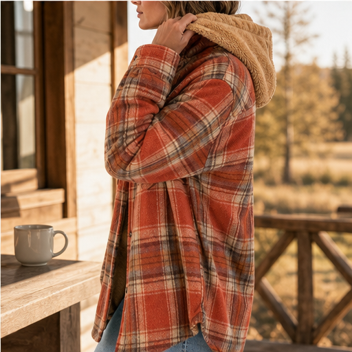 Wenke Damen Karierte Oversize-Jacke mit Kapuze und Knopfleiste