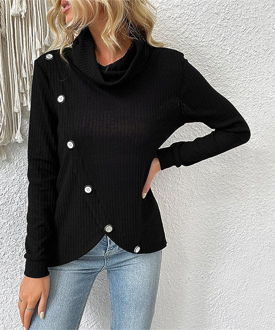Wiebke | Damen Strick-Top mit Rollkragen und asymmetrischer Knopfleiste