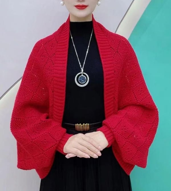 Wiebke Damen Wandelbare Strickjacke mit offener Front und Lochmuster in Rot