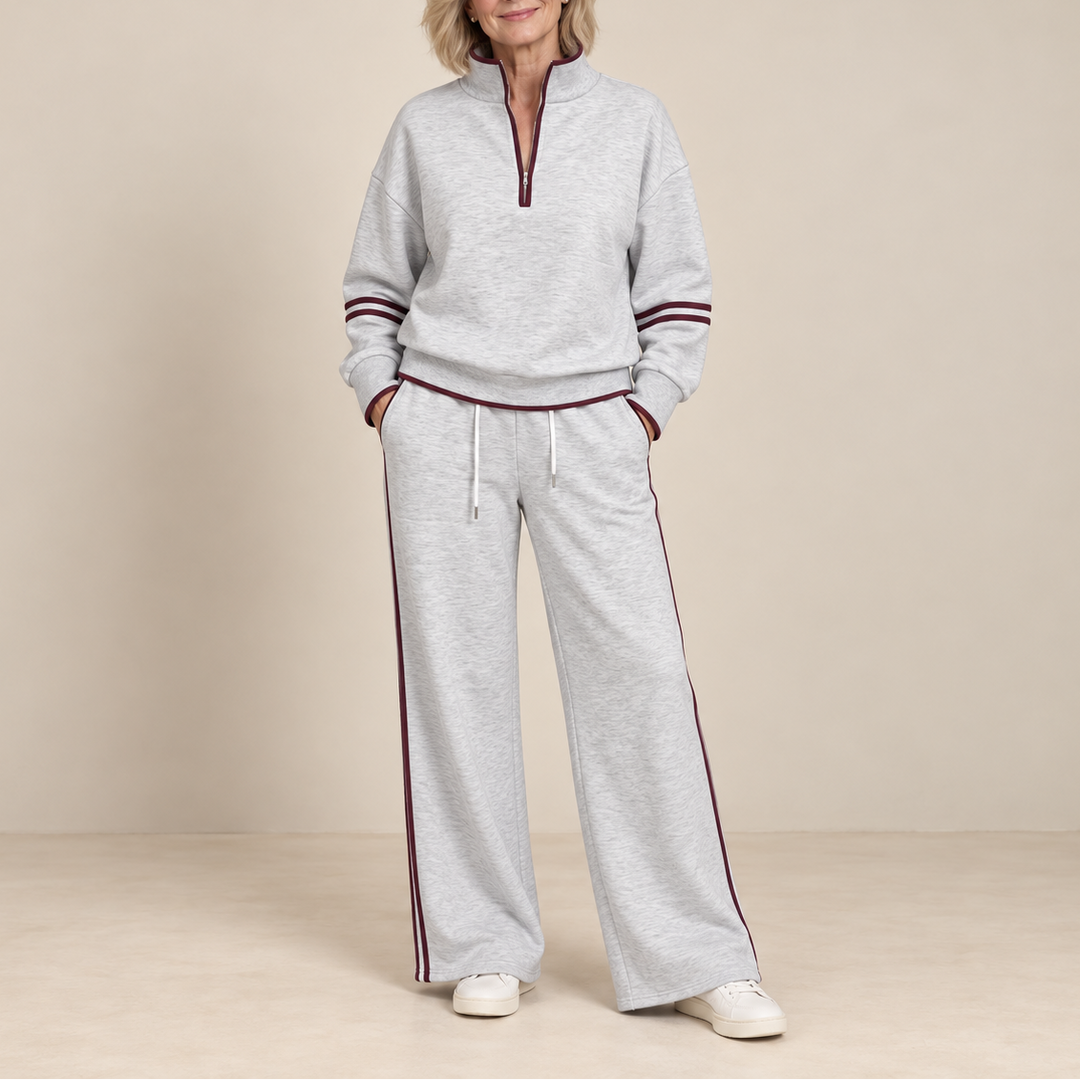 Wiebke | Damen Zweiteiler mit Troyerkragen und weiter Hose mit Seitenstreifen – Grau