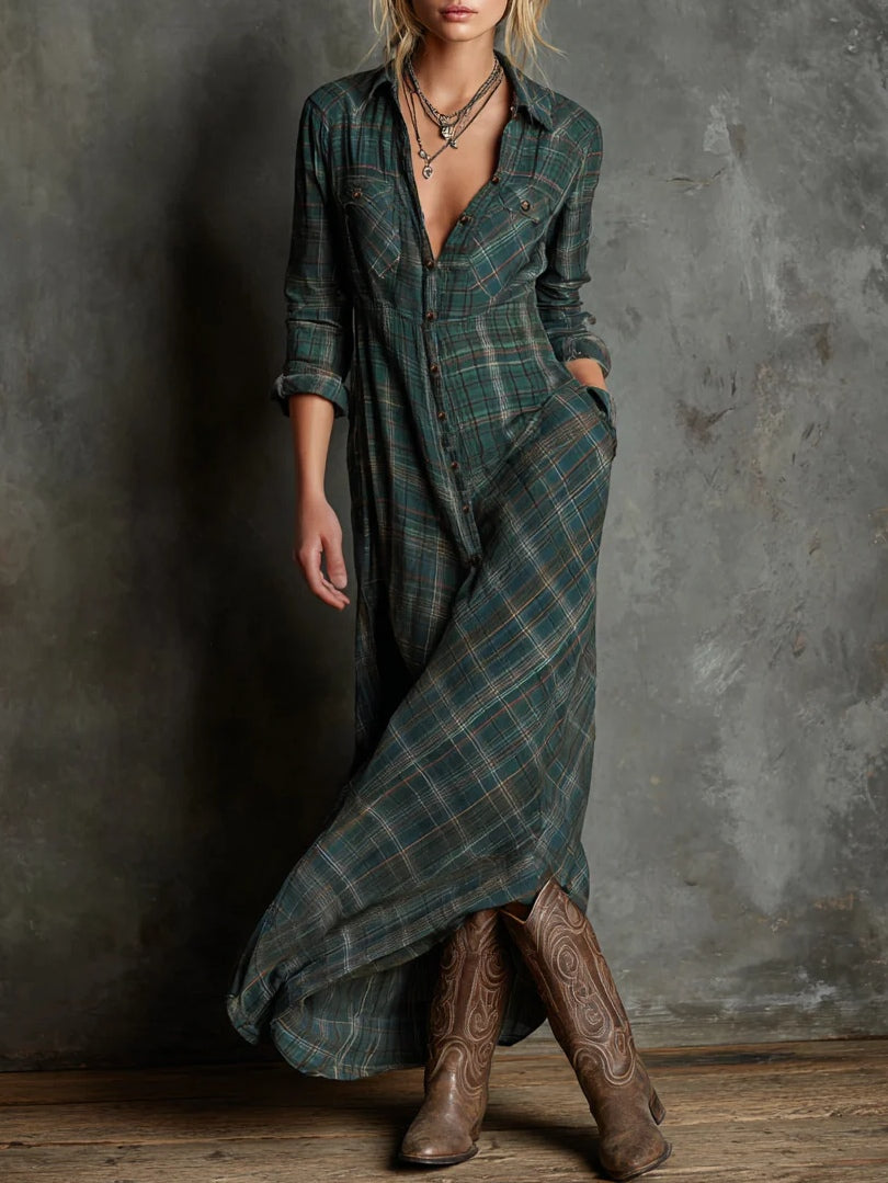 Wilma Damen Maxi-Hemdblusenkleid mit Karomuster und Reverskragen – Grün
