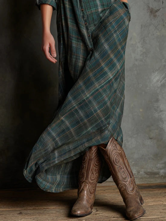 Wilma Damen Maxi-Hemdblusenkleid mit Karomuster und Reverskragen