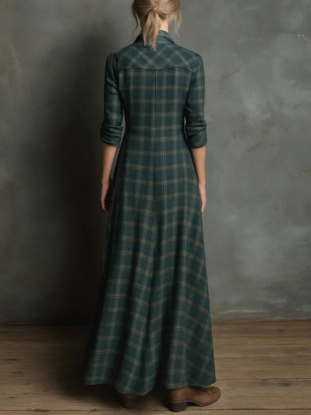 Wilma Damen Maxi-Hemdblusenkleid mit Karomuster und Reverskragen