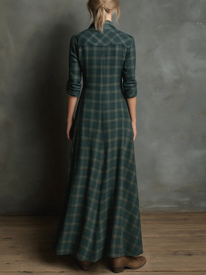 Wilma Damen Maxi-Hemdblusenkleid mit Karomuster und Reverskragen