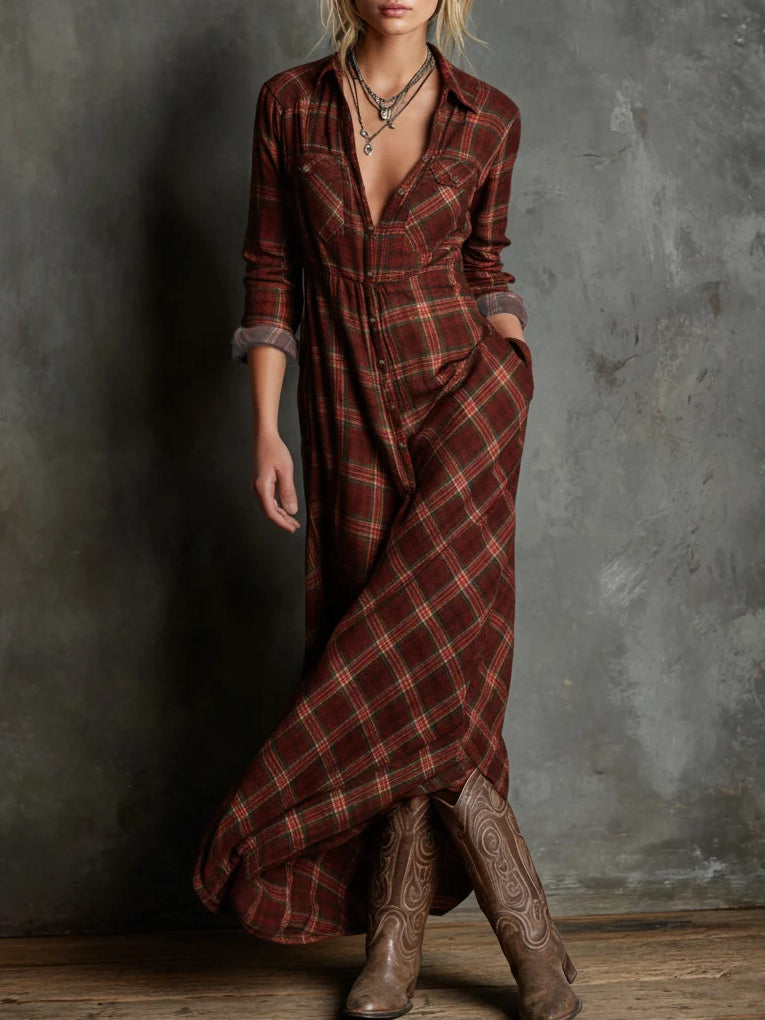 Wilma Damen Maxi-Hemdblusenkleid mit Karomuster und Reverskragen – Rotbraun
