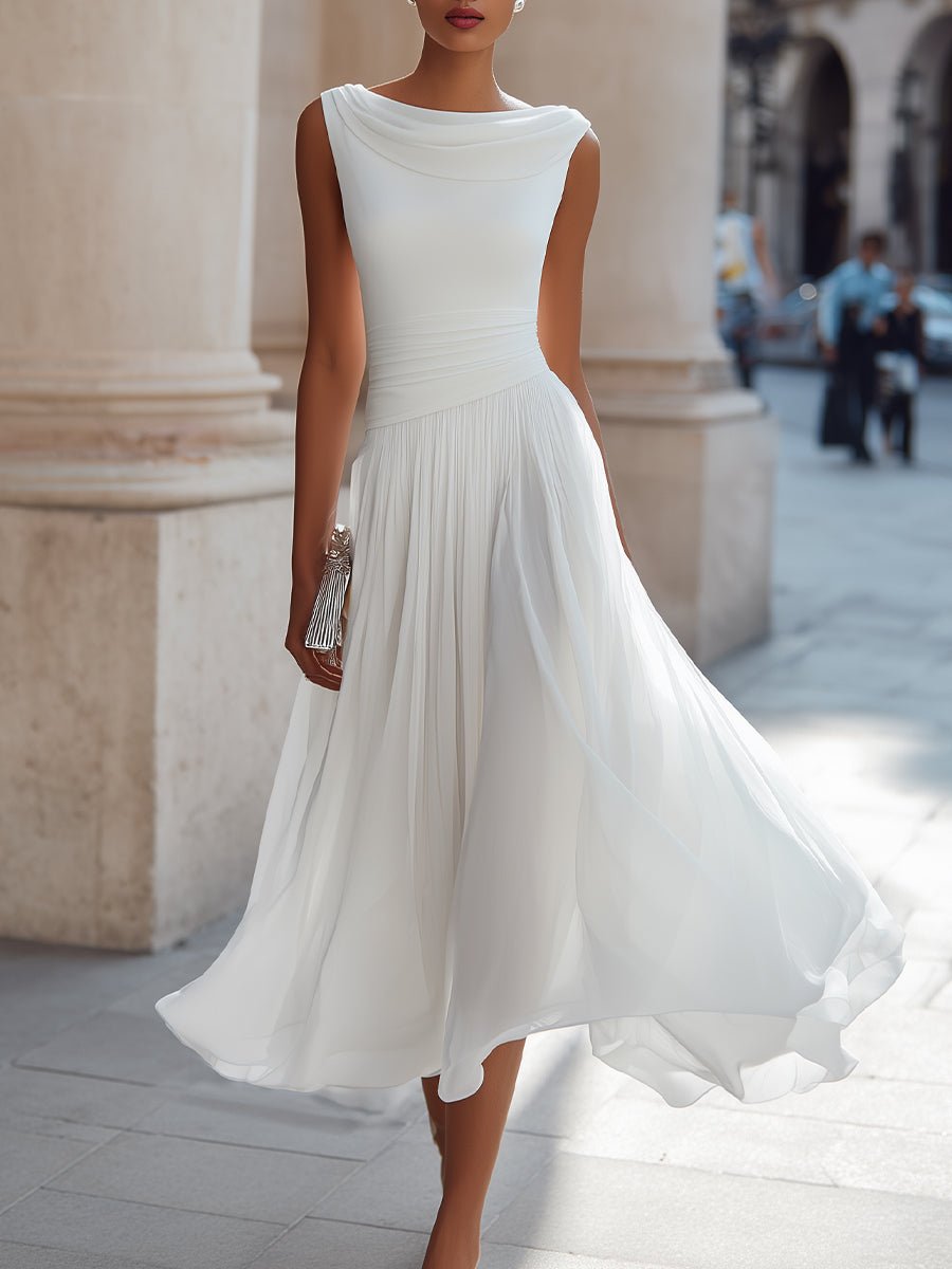 Festliches Kleid Damen Midi mit Wasserfallausschnitt und Plisseerock und Taillenbund