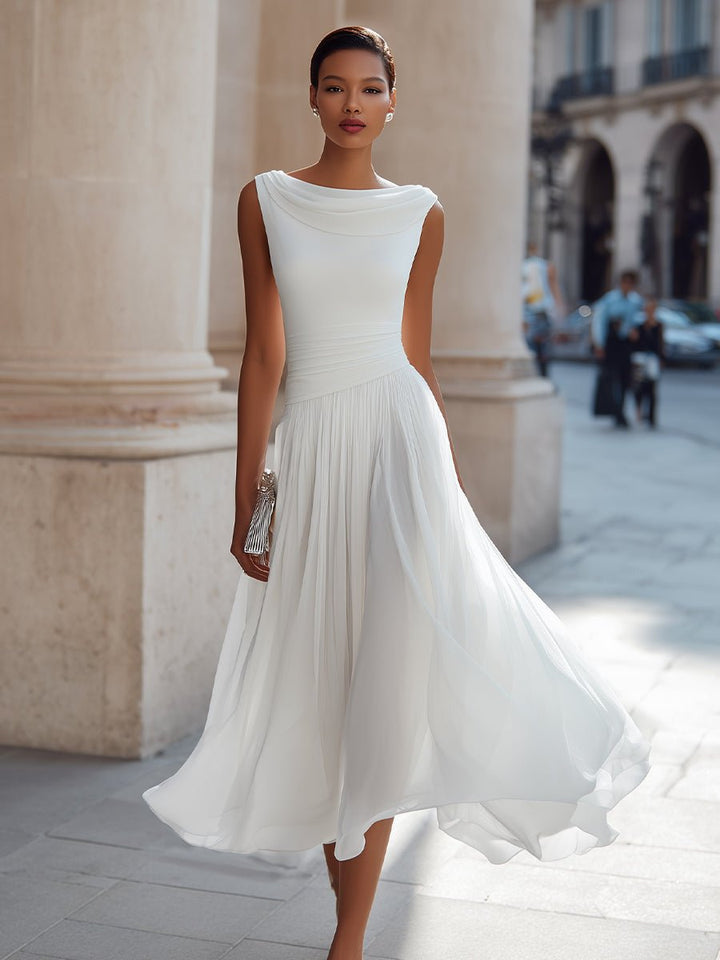 Festliches Kleid Damen Midi mit Wasserfallausschnitt und Plisseerock und Taillenbund