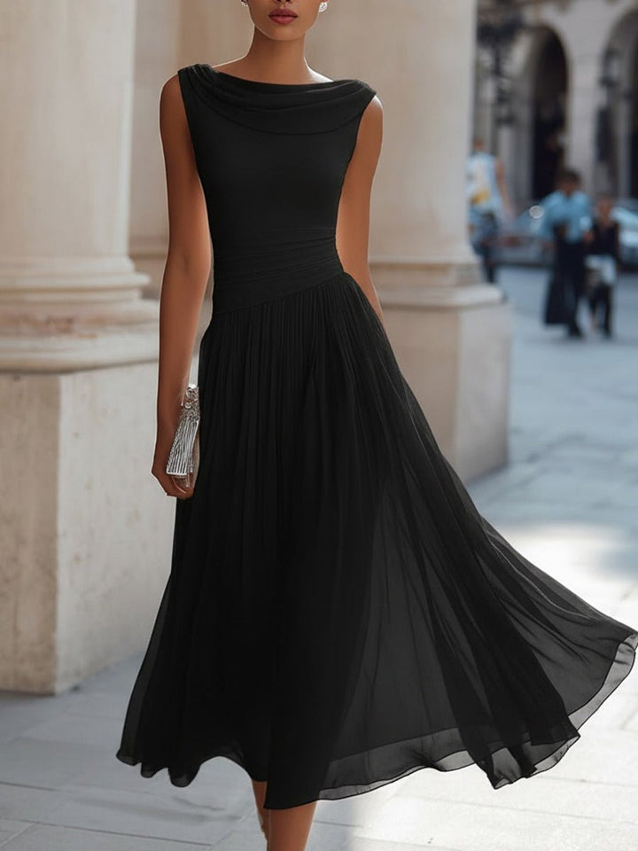 Festliches Kleid Damen Midi mit Wasserfallausschnitt und Plisseerock und Taillenbund