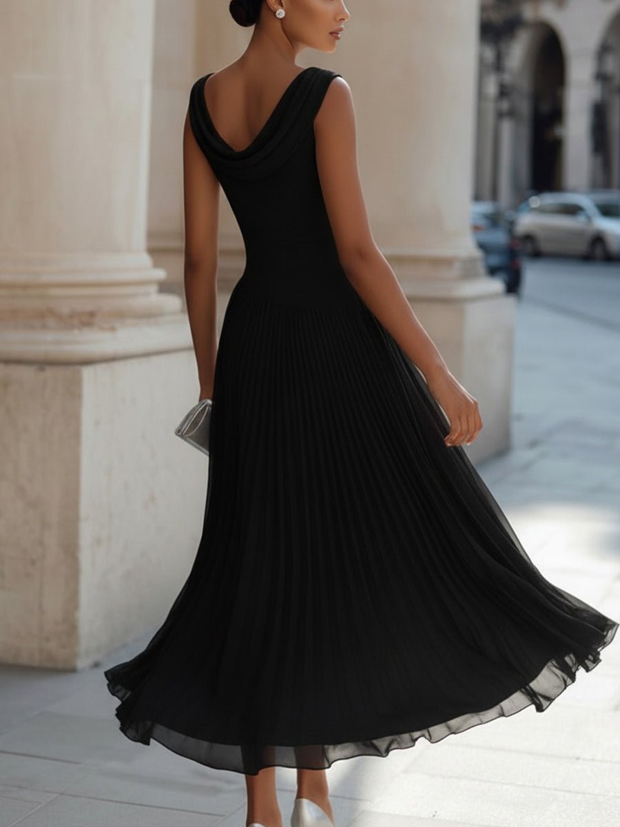Festliches Kleid Damen Midi mit Wasserfallausschnitt und Plisseerock und Taillenbund
