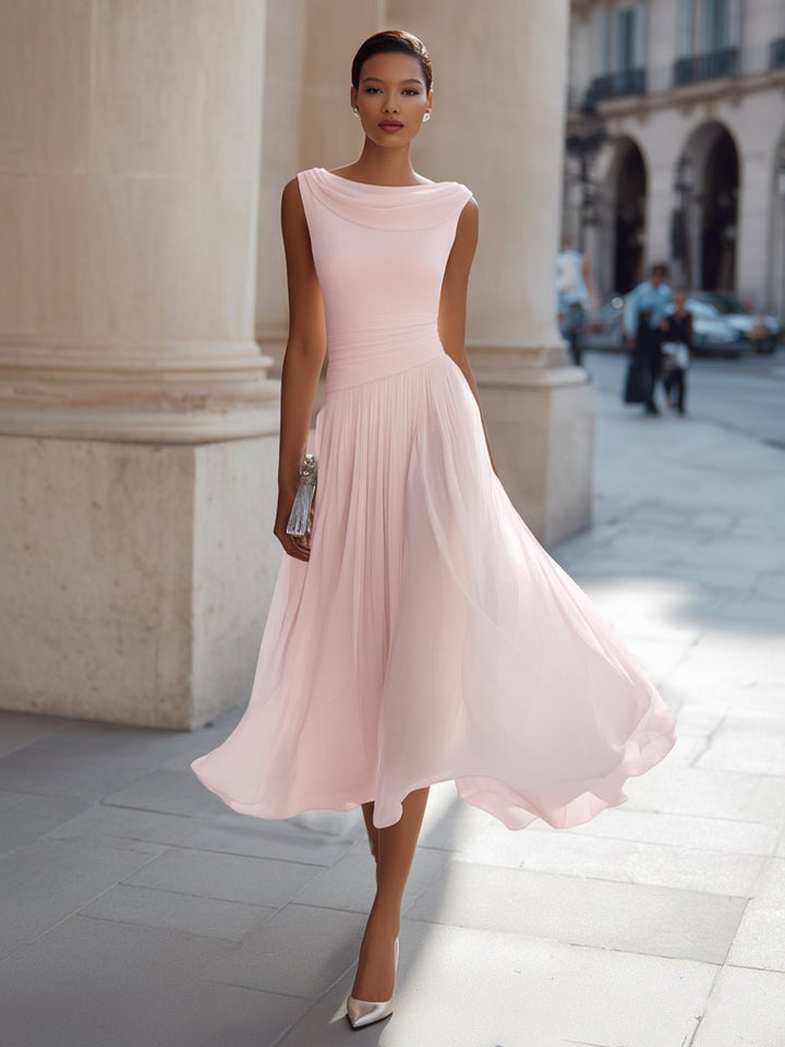 Festliches Kleid Damen Midi mit Wasserfallausschnitt und Plisseerock und Taillenbund