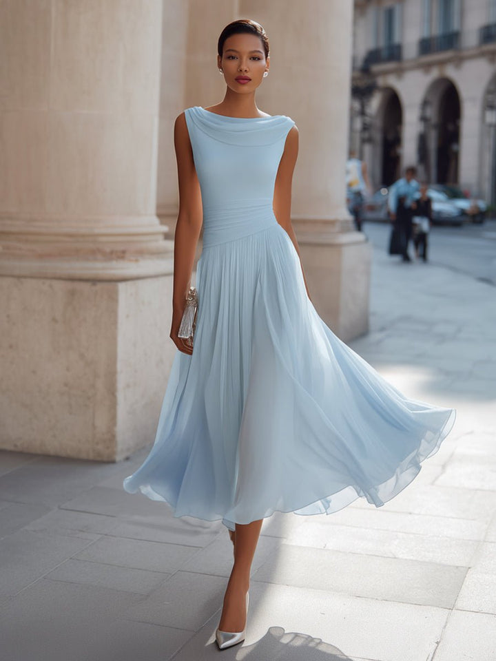 Festliches Kleid Damen Midi mit Wasserfallausschnitt und Plisseerock und Taillenbund