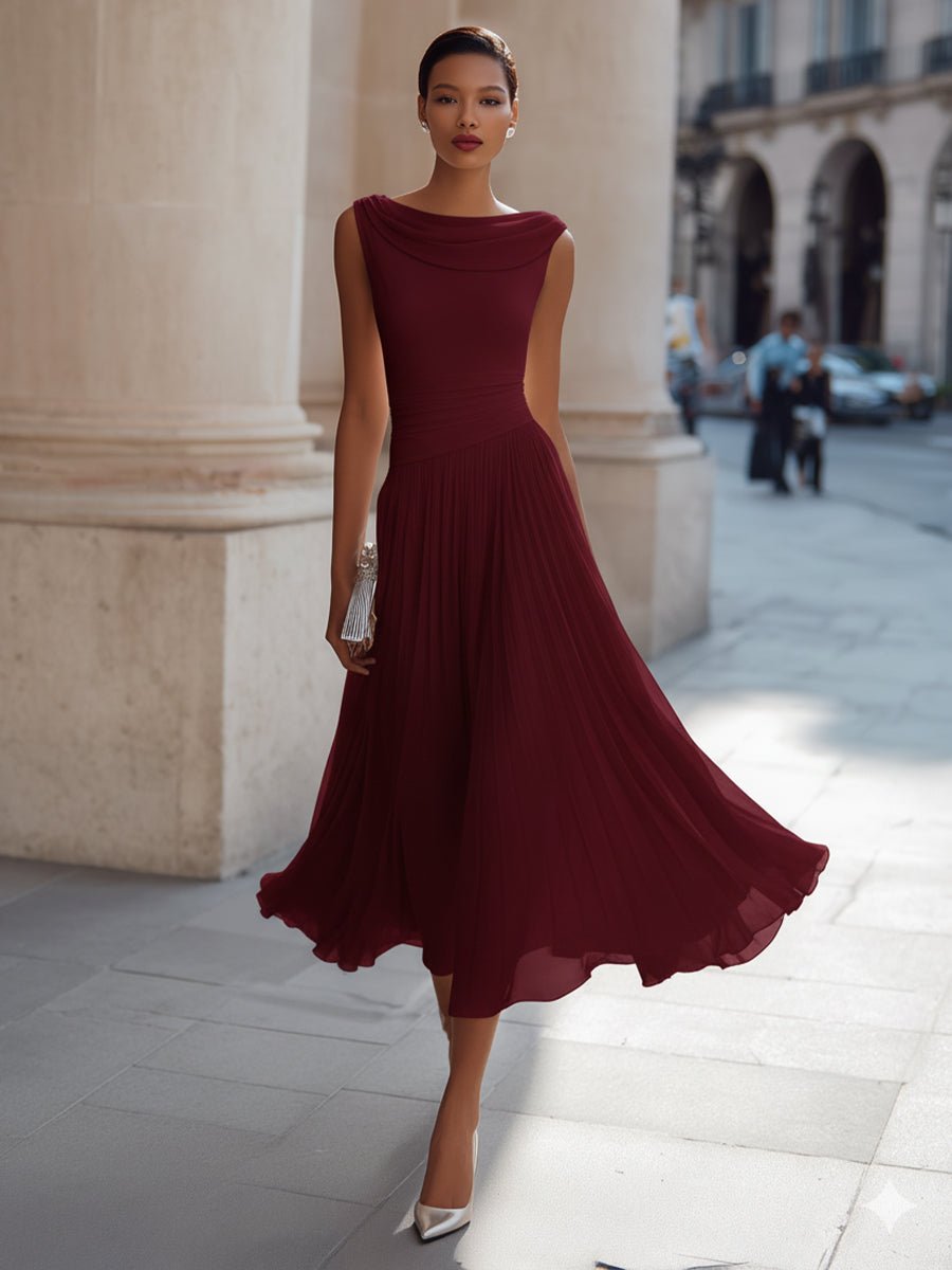 Festliches Kleid Damen Midi mit Wasserfallausschnitt und Plisseerock und Taillenbund