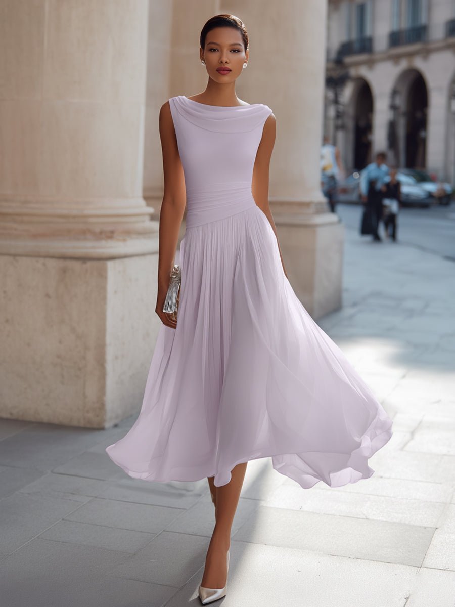 Festliches Kleid Damen Midi mit Wasserfallausschnitt und Plisseerock und Taillenbund