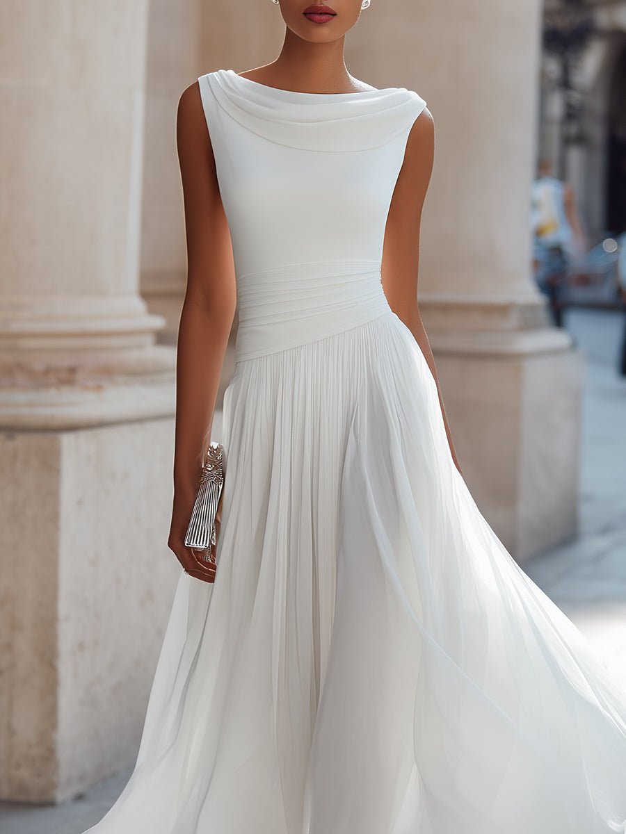 Festliches Kleid Damen Midi mit Wasserfallausschnitt und Plisseerock und Taillenbund