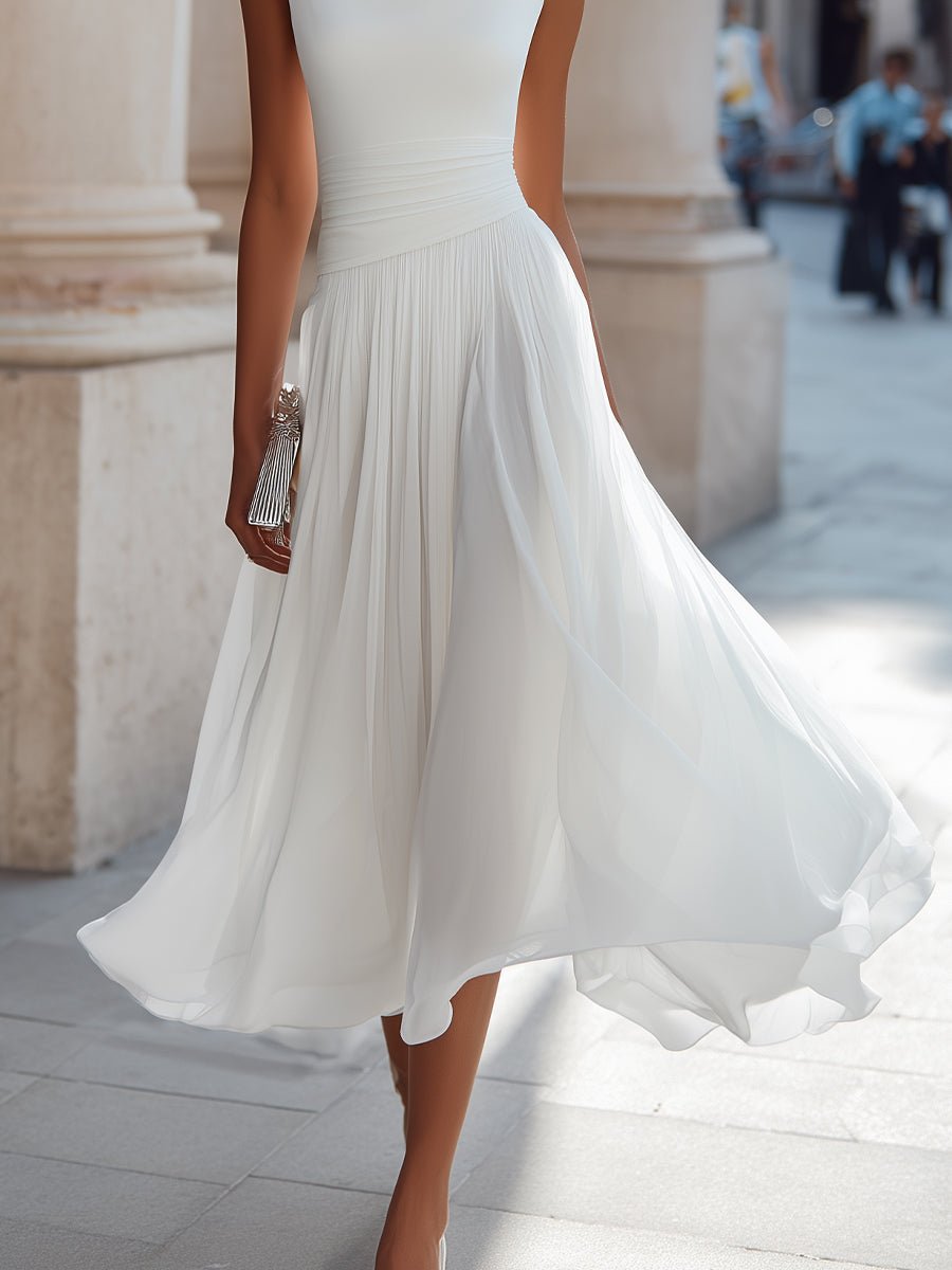Festliches Kleid Damen Midi mit Wasserfallausschnitt und Plisseerock und Taillenbund