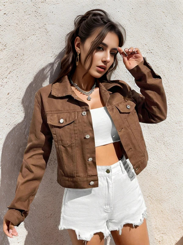 Ylva | Damen kurz geschnittene Denim-Jacke mit Knopfleiste und Klappentaschen