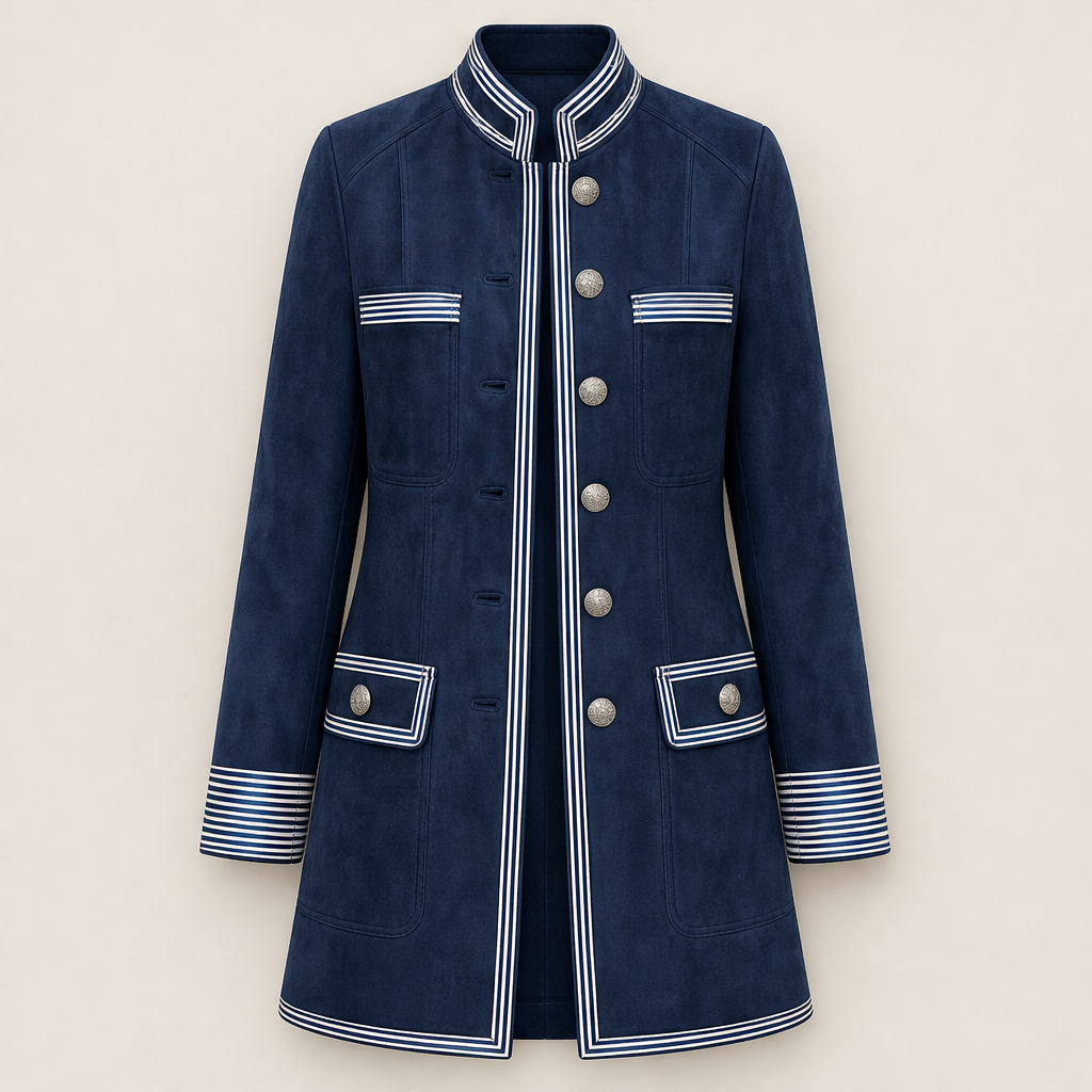 Ylva Damen Military-Mantel mit Stehkragen, Kontraststreifen und Pattentaschen – Marineblau
