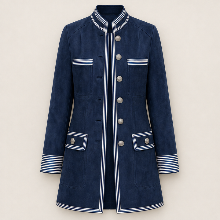 Ylva Damen Military-Mantel mit Stehkragen, Kontraststreifen und Pattentaschen – Marineblau